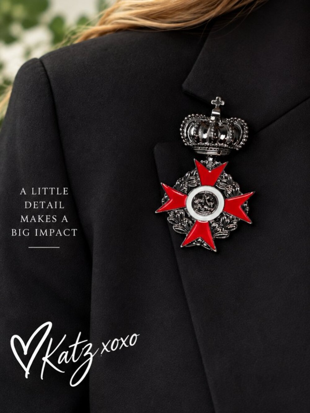 Red Enamel Maltese Cross Crown Brooch Black Heraldic Regal Articulated Medal Pin
